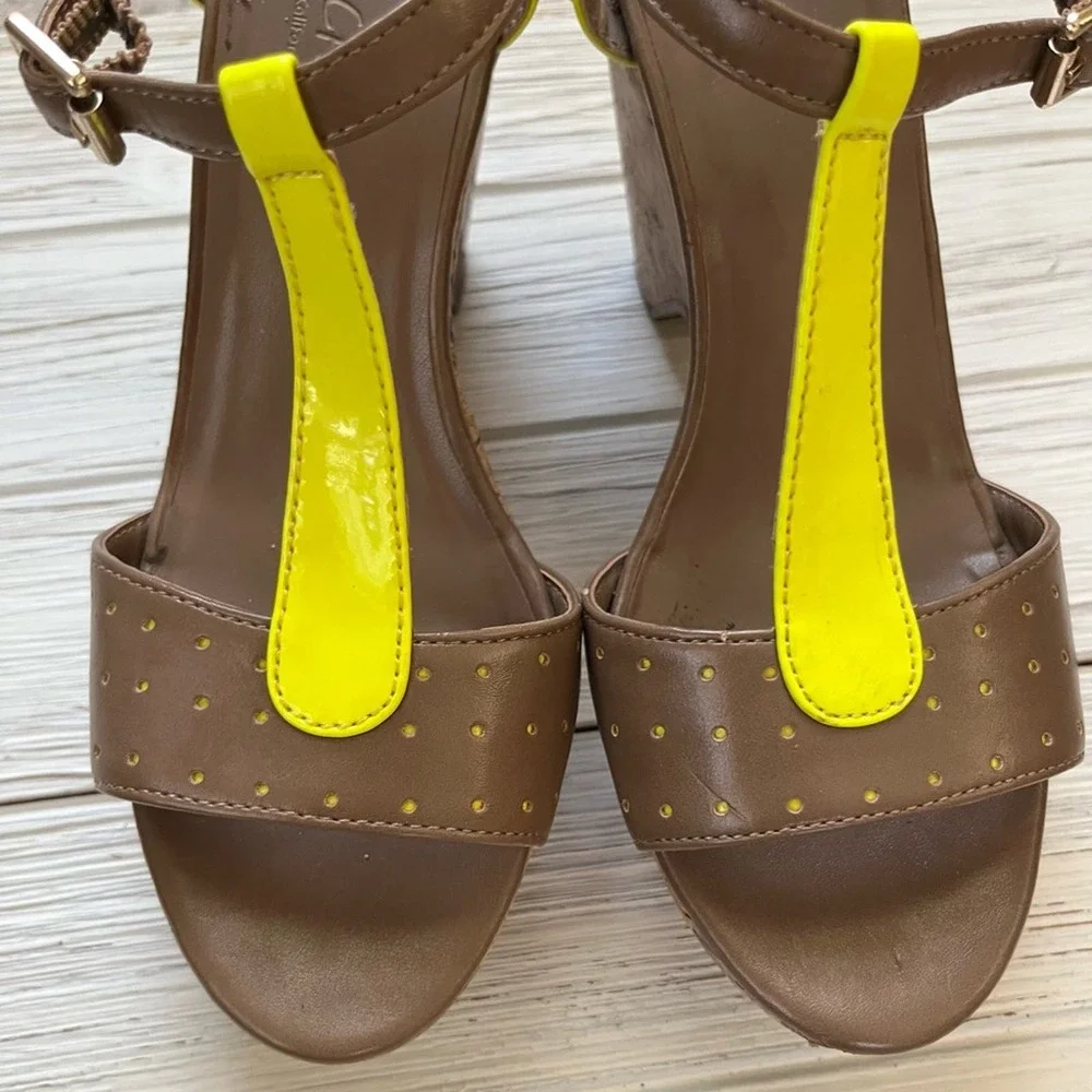 Sbicca California Neon Yellow Cork Wedge Heels 6